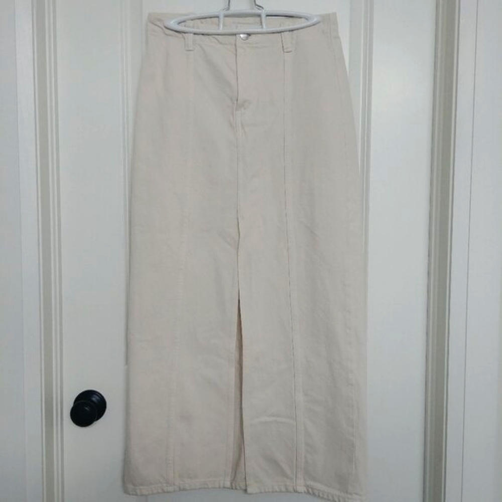 Zara Long Cream Off White Denim Skirt Front Slit Midi Maxi 100% Cotton S…